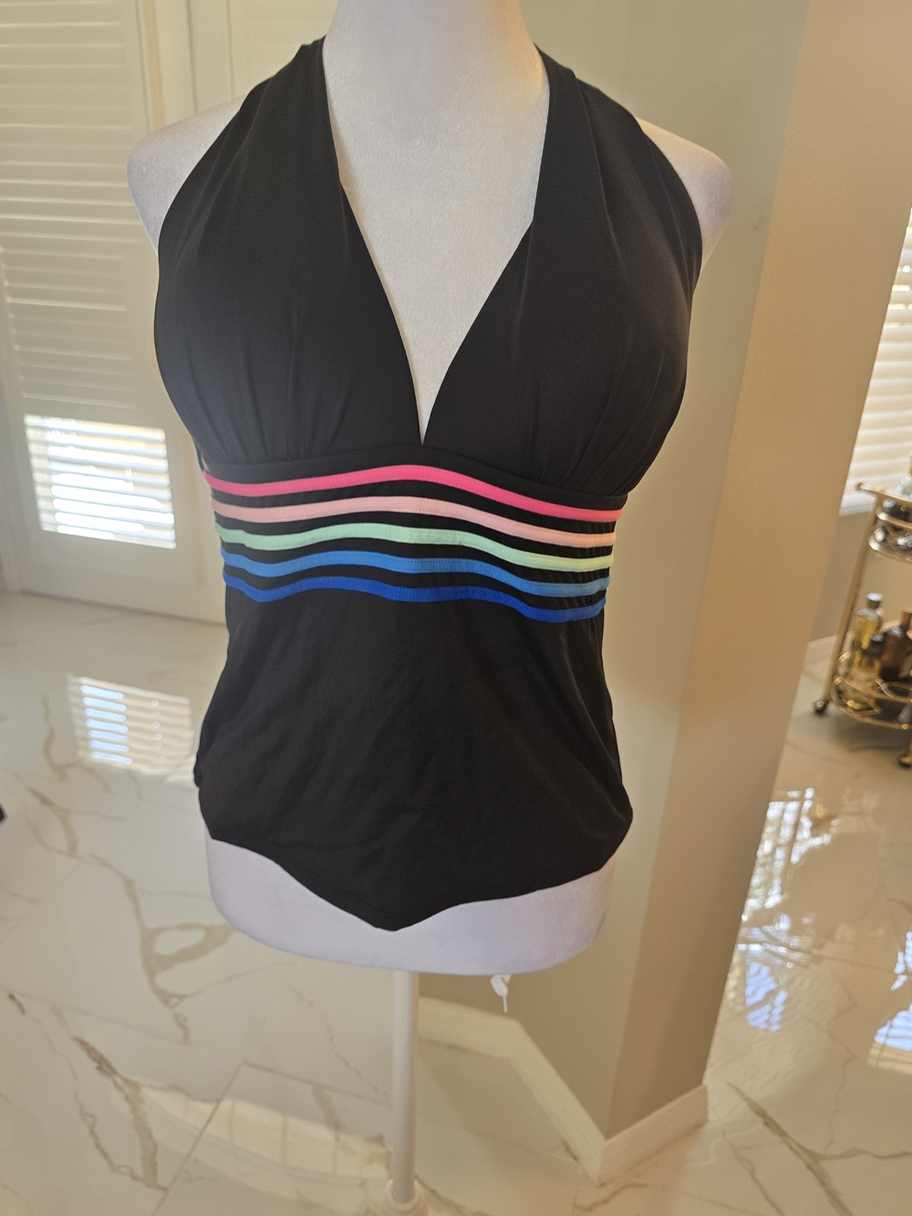 La Blanca Black Halter Swim Cami with Rainbow Stripes